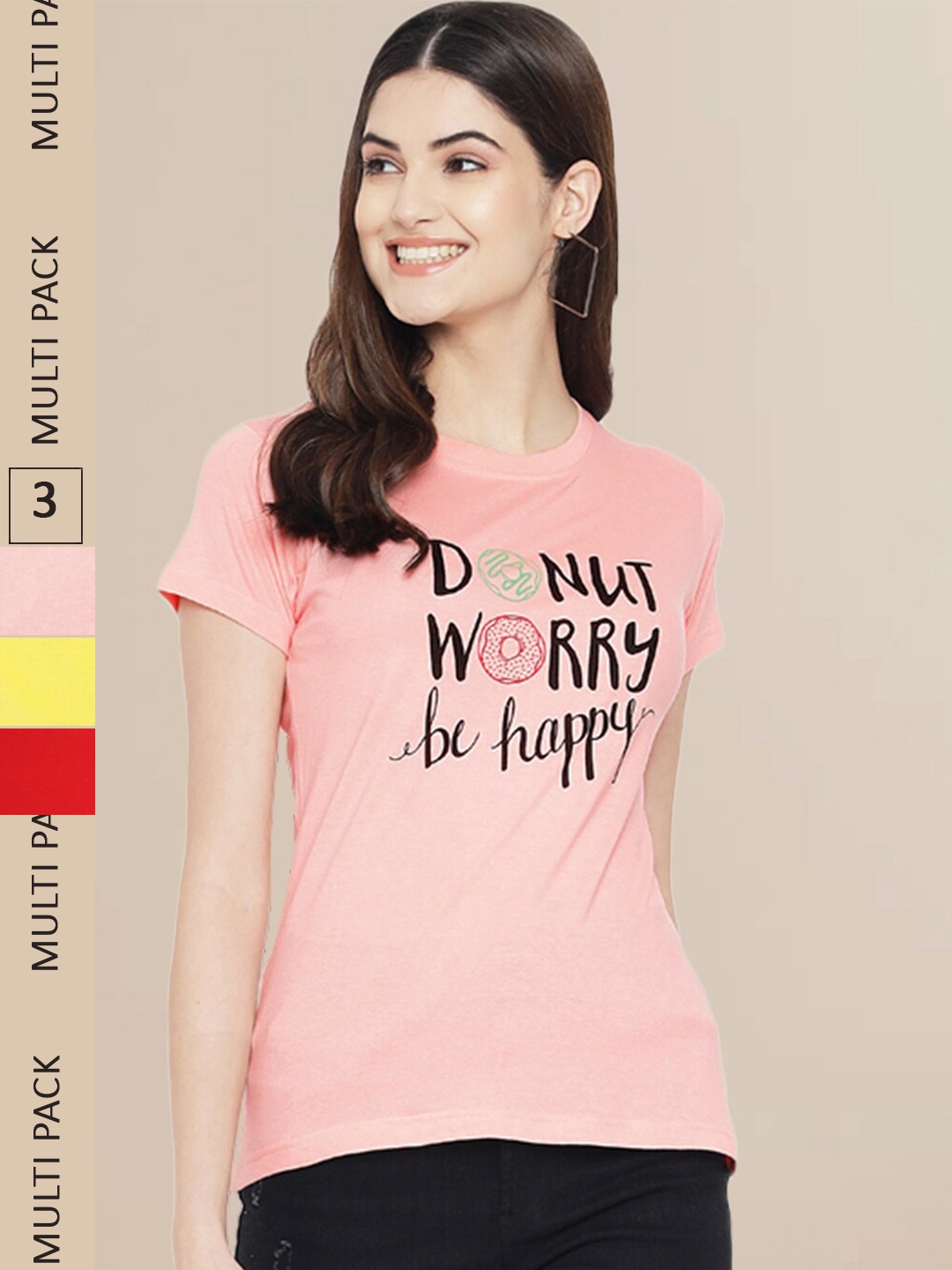 

Fabflee Women Red & Yellow Pack of 3 Graphic Printed Cotton T-shirt