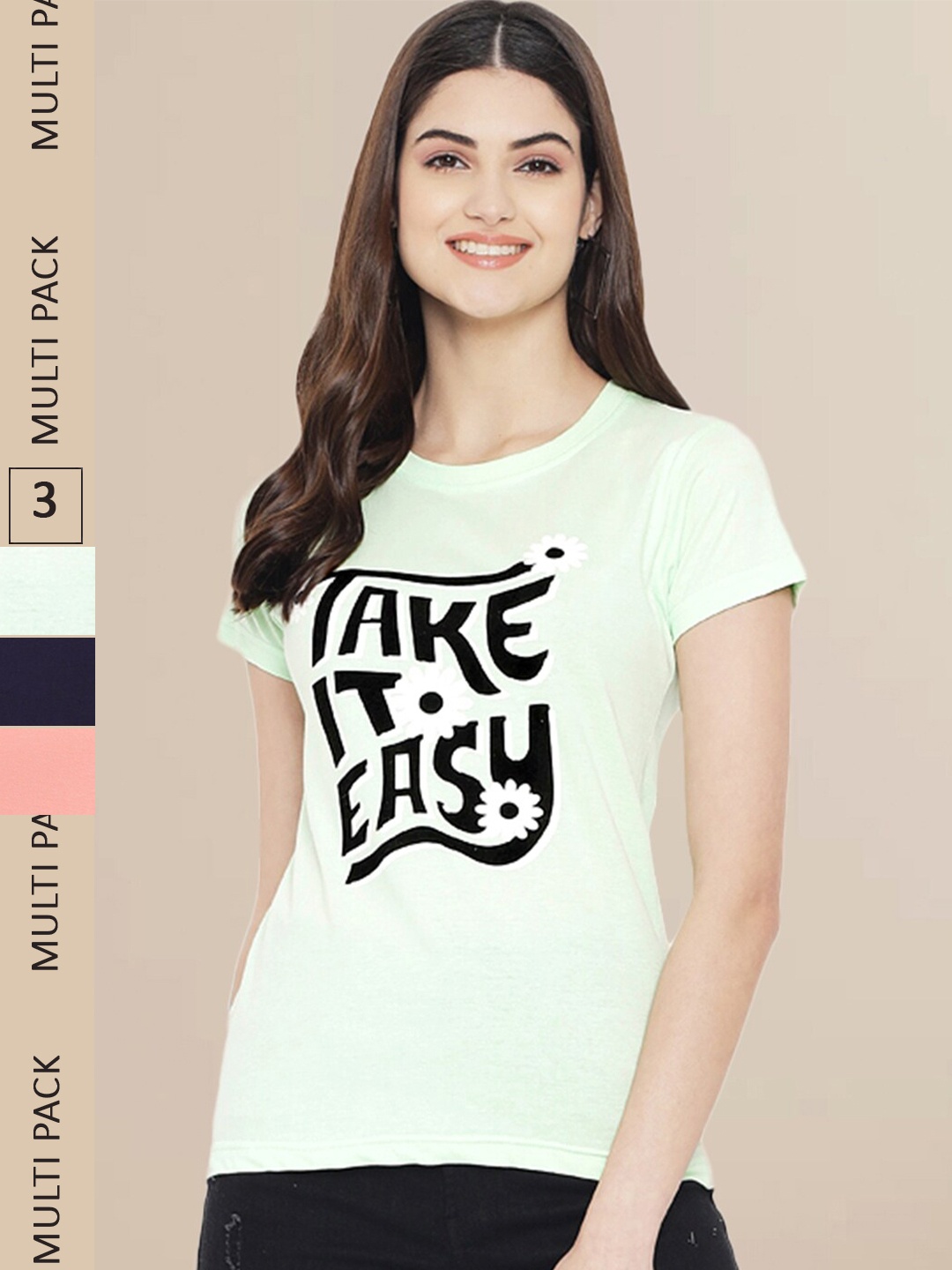 

Fabflee Women Green & Navy Blue Pack of 3 Graphic Printed Cotton T-shirt