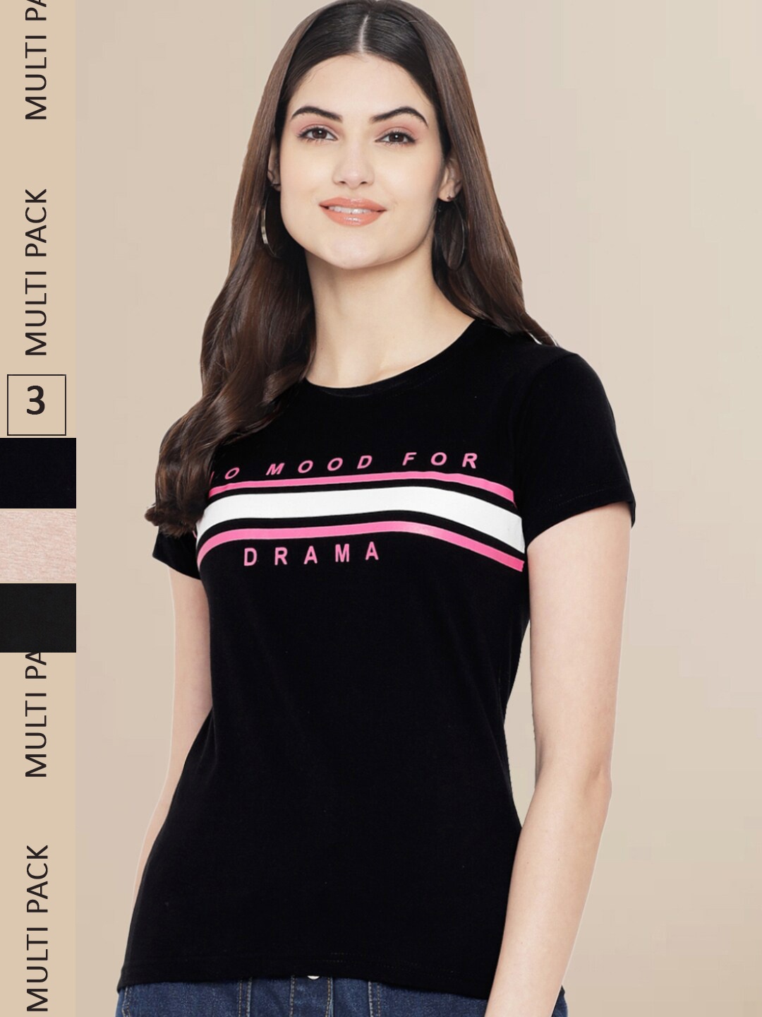 Fabflee Women Black & Beige Pack of 3 Graphic Printed Cotton T-shirt