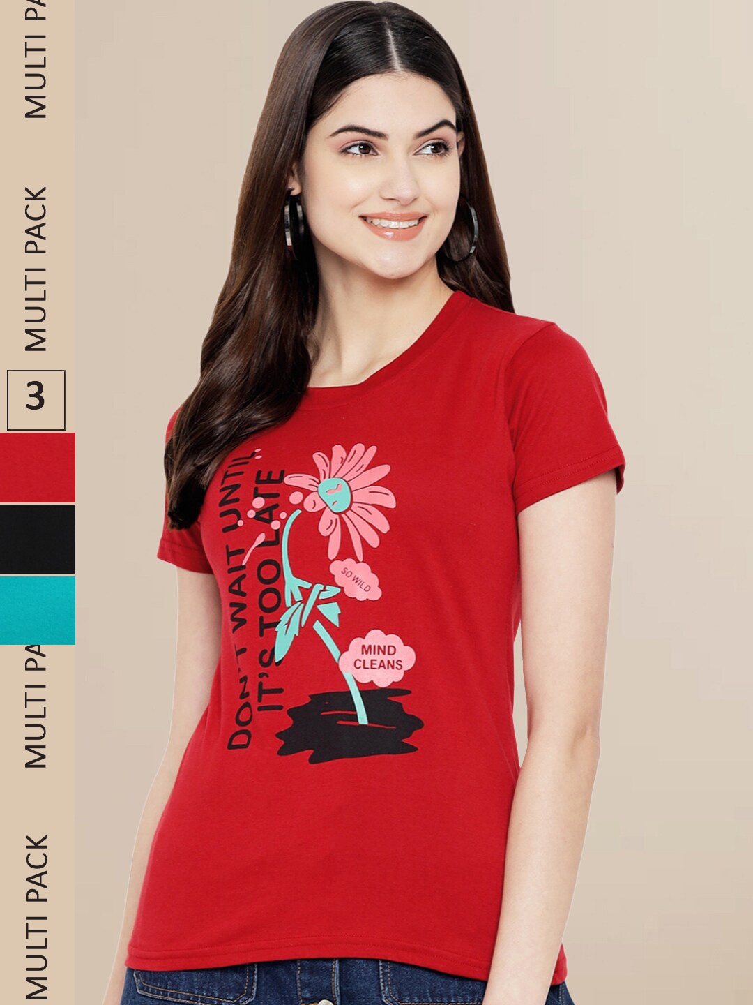 

Fabflee Women Red & Black Pack of 3 Graphic Printed Cotton T-shirt