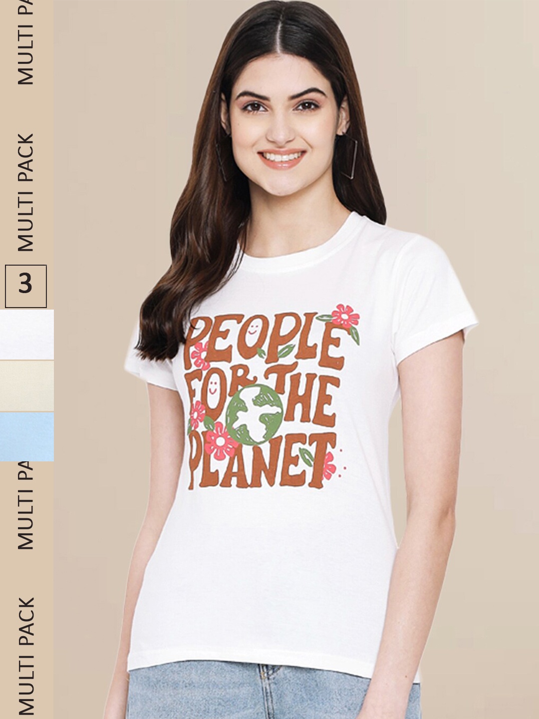 

Fabflee Women White & Cream Pack of 3 Graphic Printed Cotton T-shirt