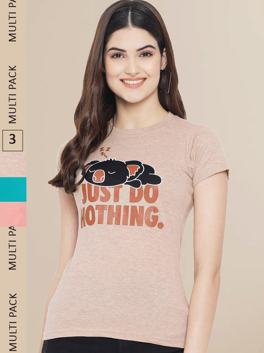 Fabflee Women Beige & Blue Pack of 3 Graphic Printed Cotton T-shirt