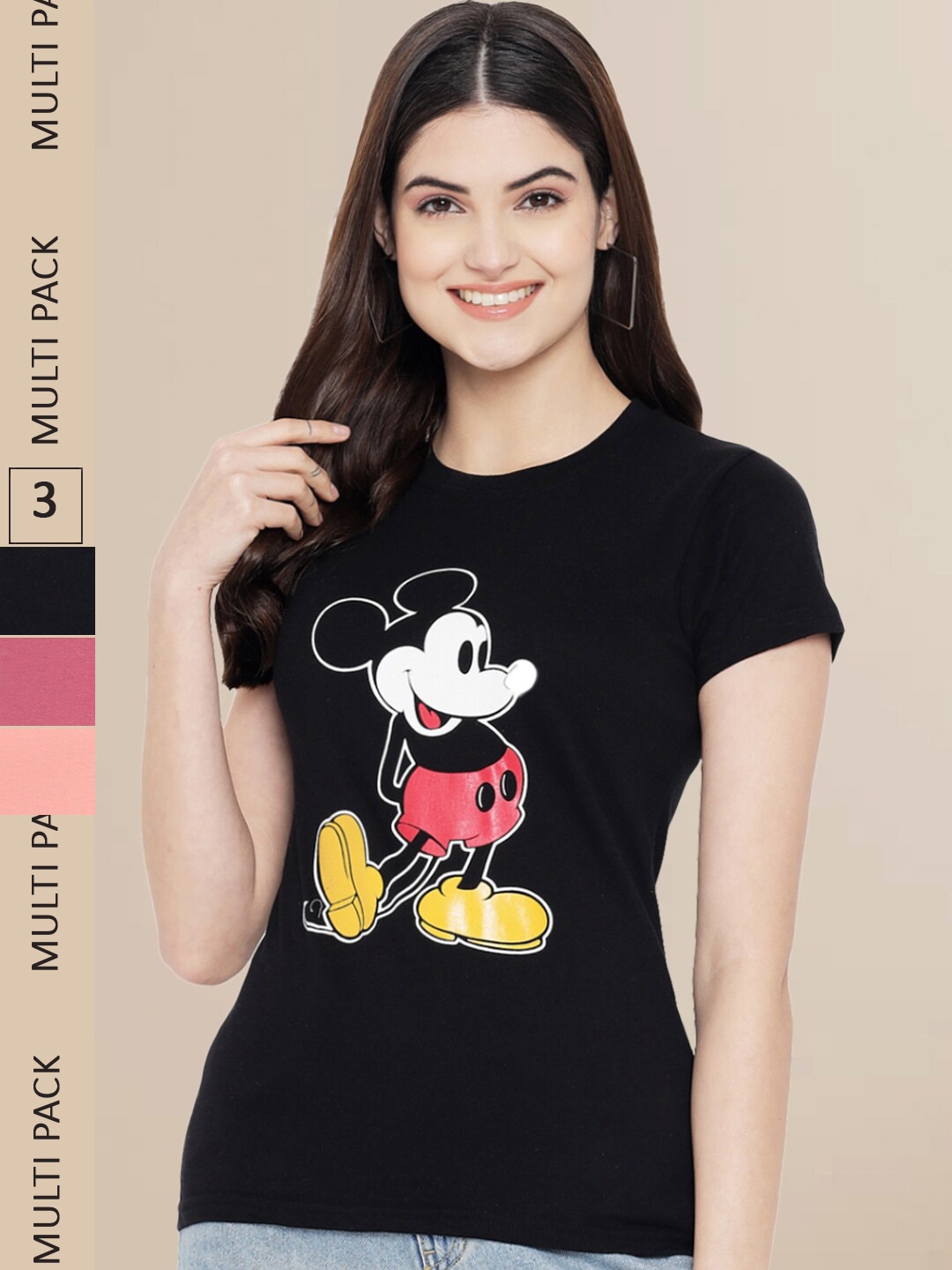 

Fabflee Women Black & Pink Pack of 3 Graphic Printed Cotton T-shirt