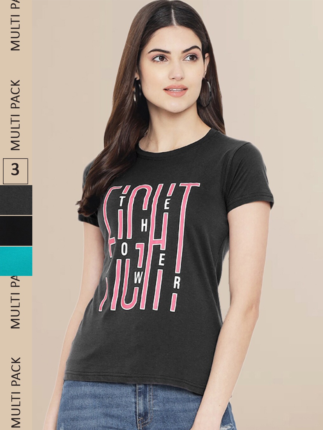 

Fabflee Women Black & Blue Pack of 3 Graphic Printed Cotton T-shirt