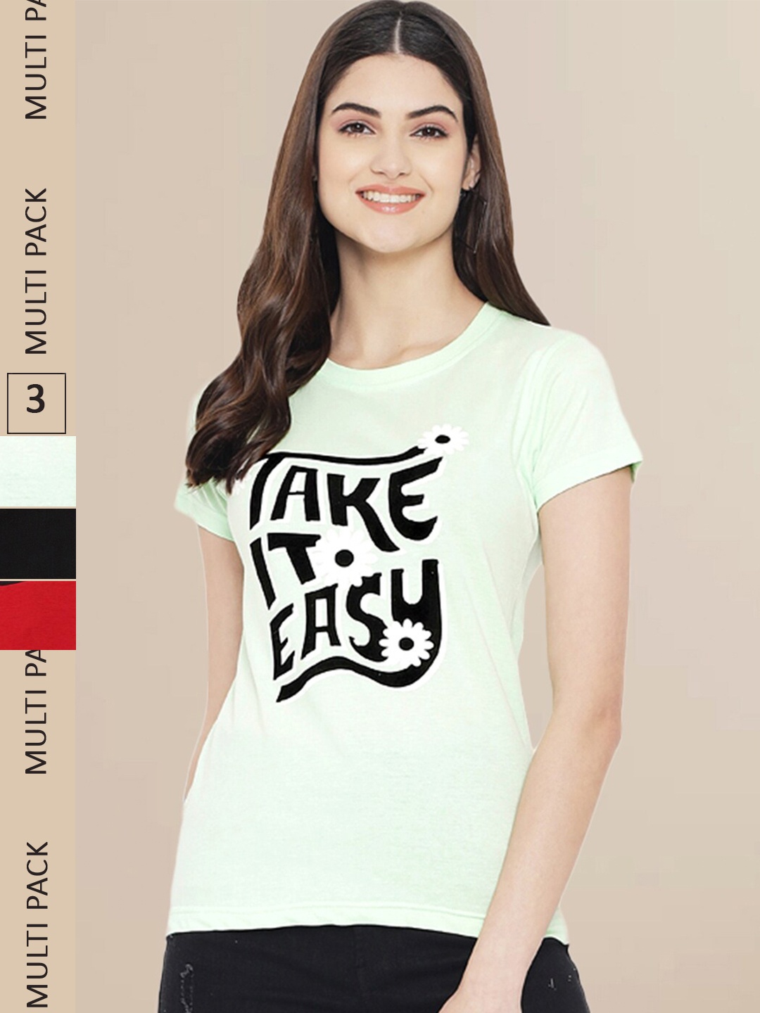 Fabflee Women Black & Red Pack of 3 Graphic Printed Cotton T-shirt