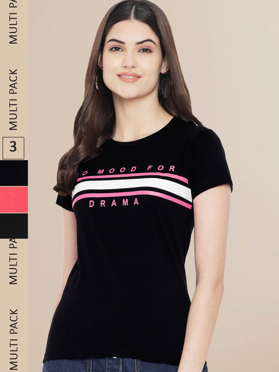 

Fabflee Women Black & Coral Pack of 3 Graphic Printed Cotton T-shirt