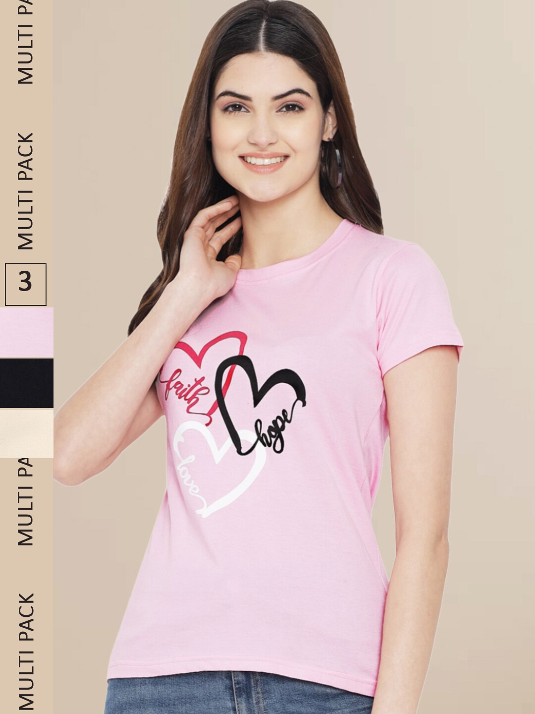 

Fabflee Women Pink & Black Pack of 3 Graphic Printed Cotton T-shirt