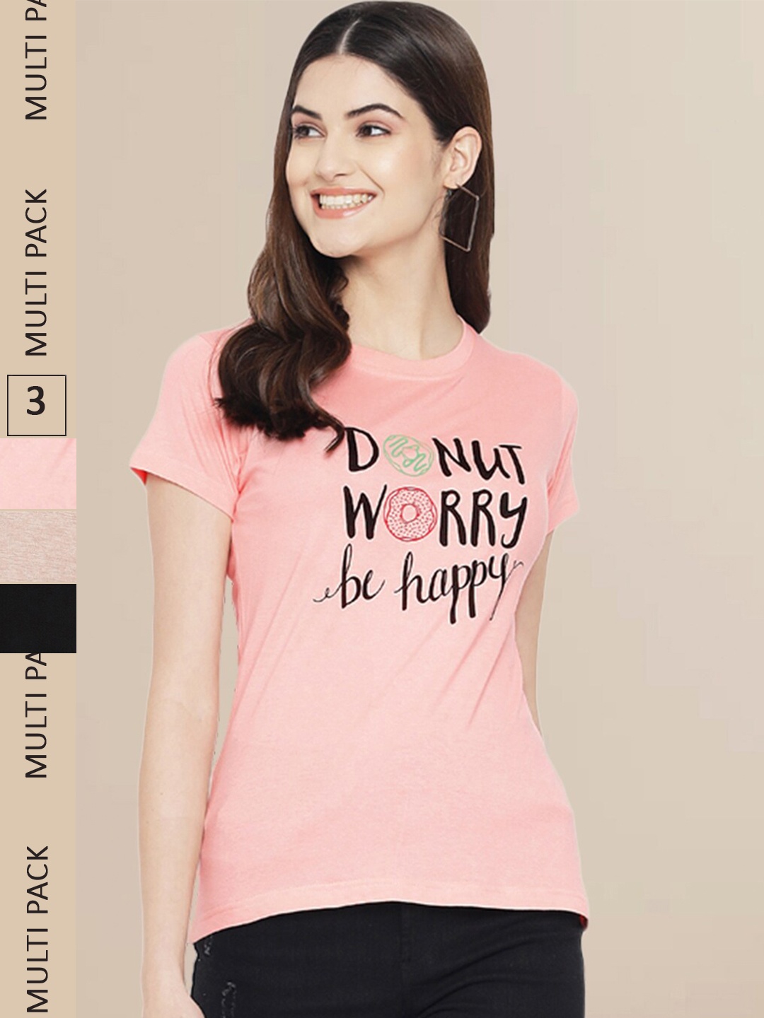 

Fabflee Women Beige & Black Pack of 3 Graphic Printed Cotton T-shirt