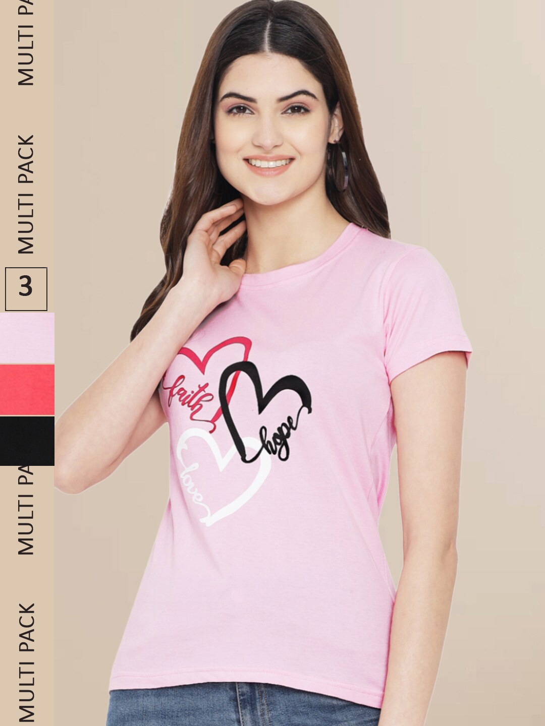 Fabflee Women Pink & Black Pack of 3 Graphic Printed Cotton T-shirt