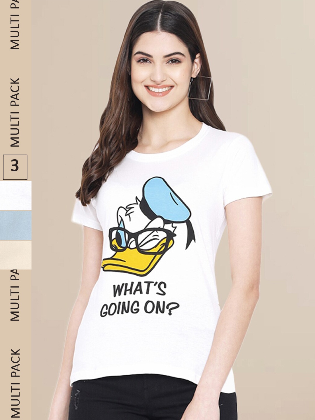 

Fabflee Women White & Blue Pack of 3 Graphic Printed Cotton T-shirt