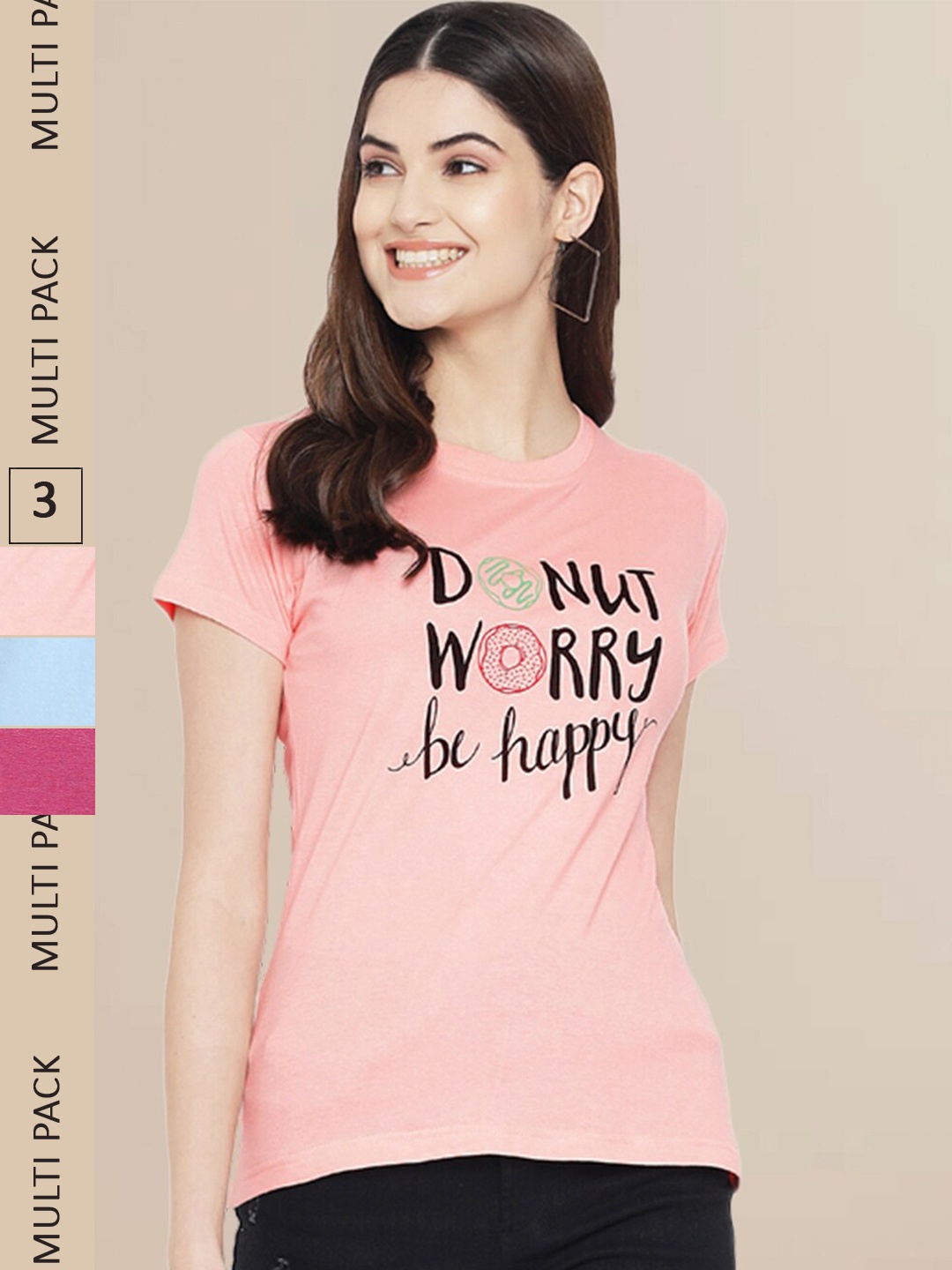 

Fabflee Women Pink & Blue Pack of 3 Graphic Printed Cotton T-shirt