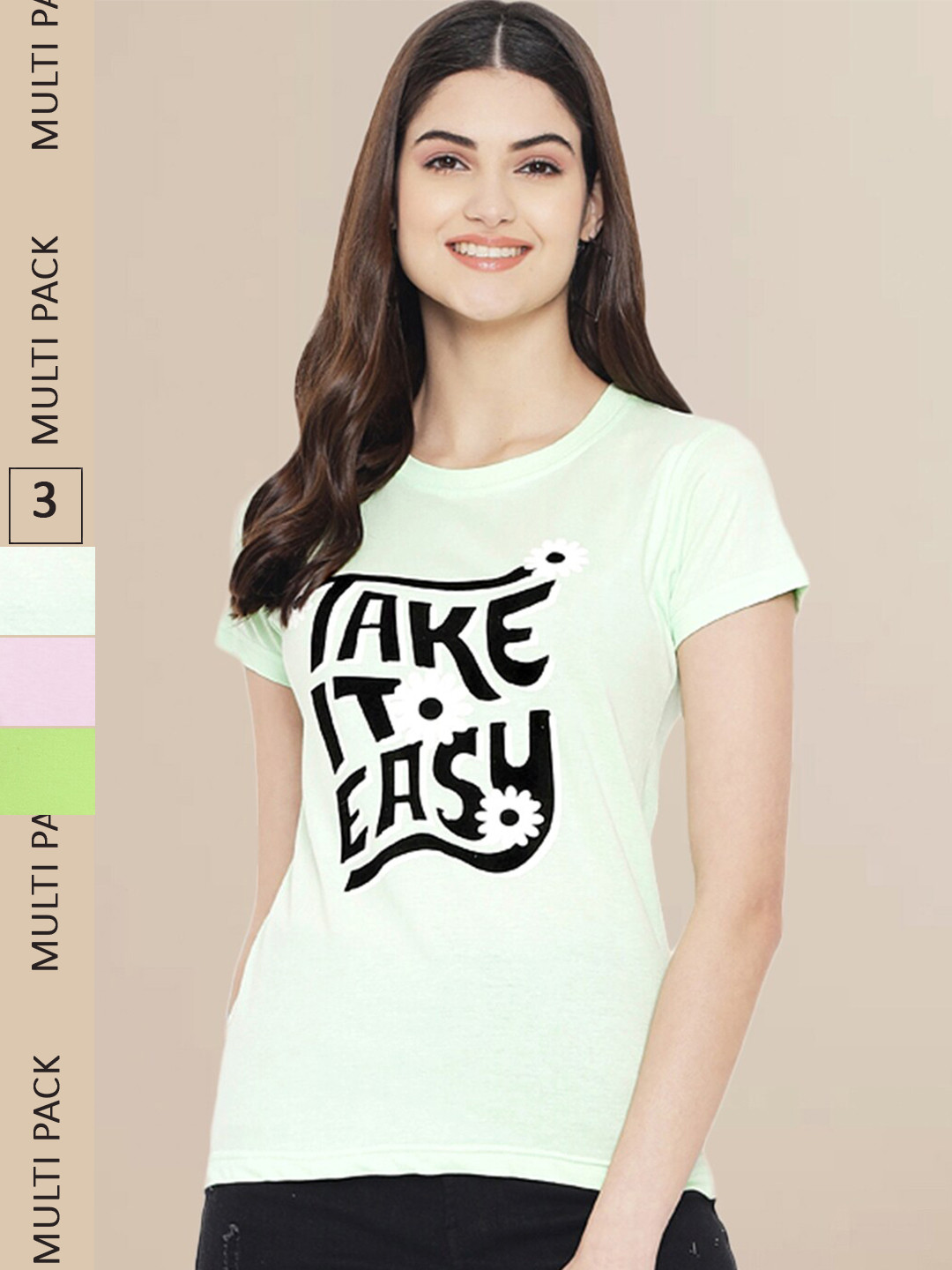 

Fabflee Women Pink & Green Pack of 3 Graphic Printed Cotton T-shirt