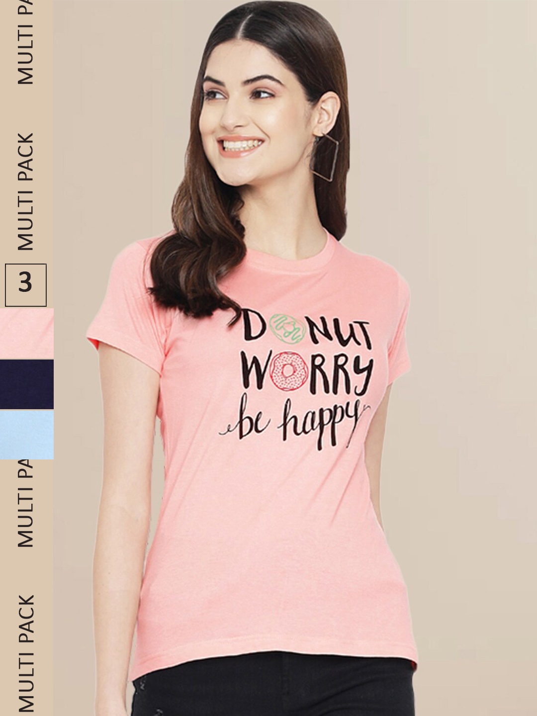 

Fabflee Women Navy Blue & Peach Pack of 3 Graphic Printed Cotton T-shirt