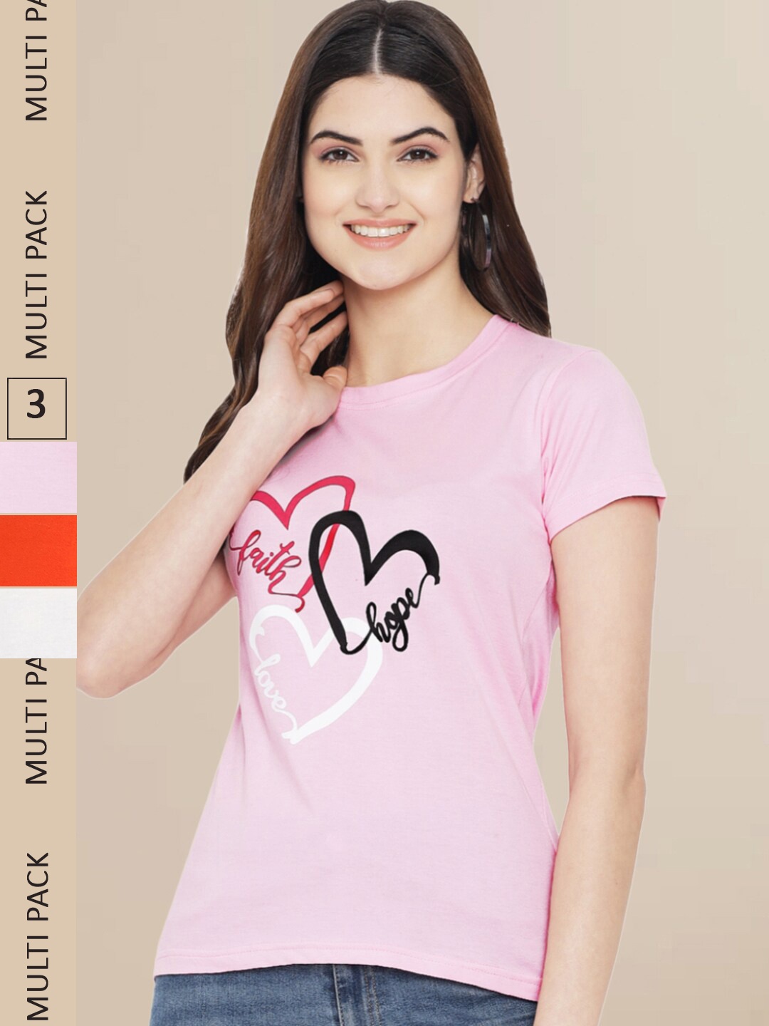 Fabflee Women Pink & Orange Pack of 3 Graphic Printed Cotton T-shirt