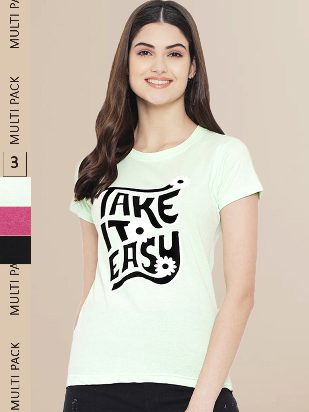 

Fabflee Women Black & Pink Pack of 3 Graphic Printed Cotton T-shirt