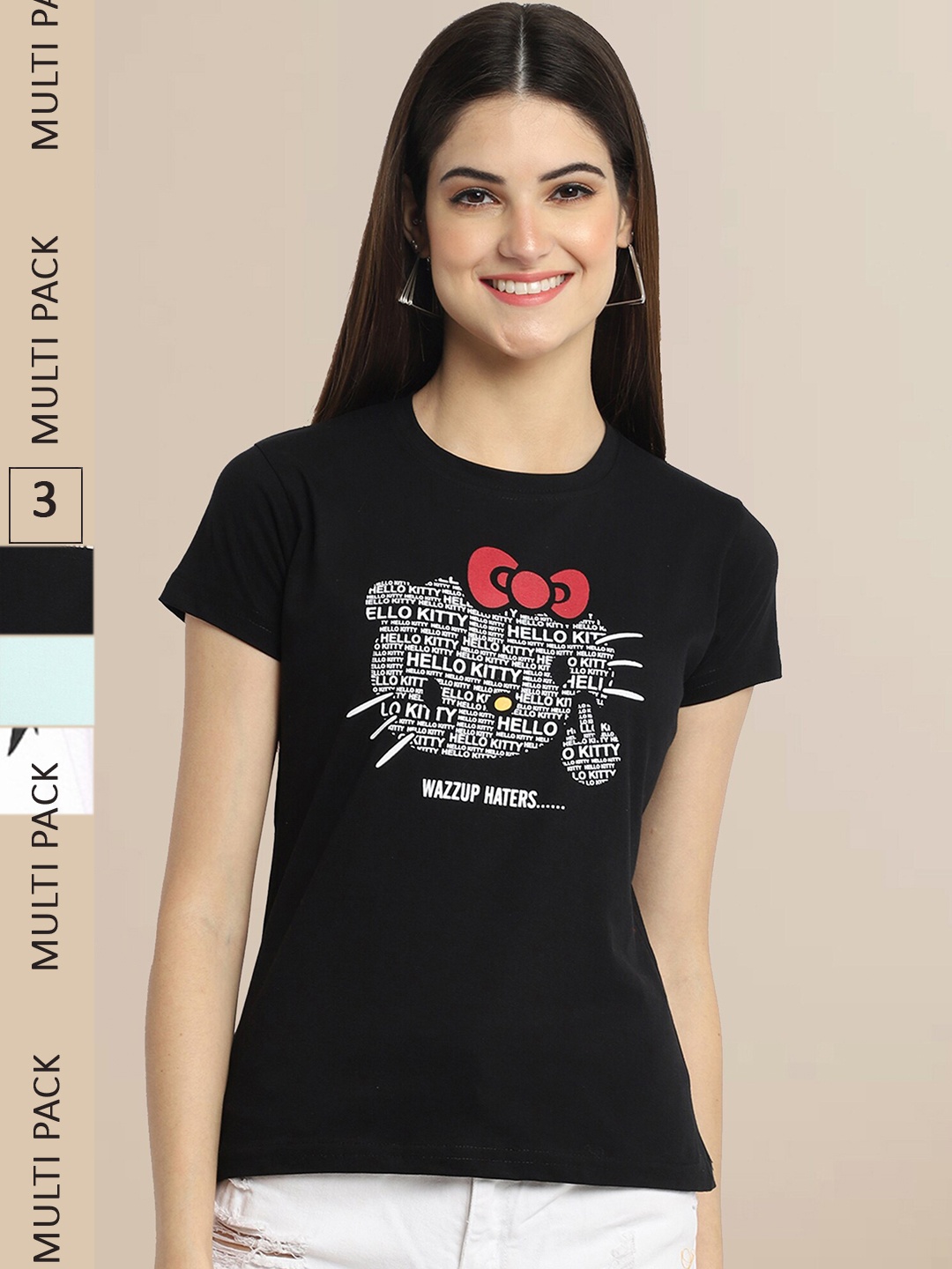 Fabflee Women Black & White Pack of 3 Graphic Printed Cotton T-shirt