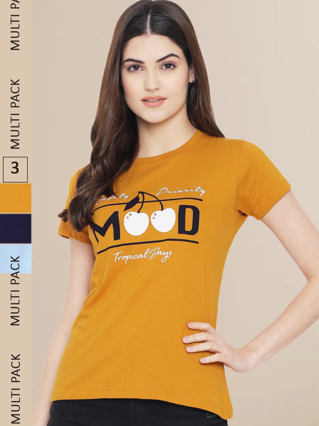 Fabflee Women Mustard yellow & Blue Pack of 3 Graphic Printed Cotton T-shirt