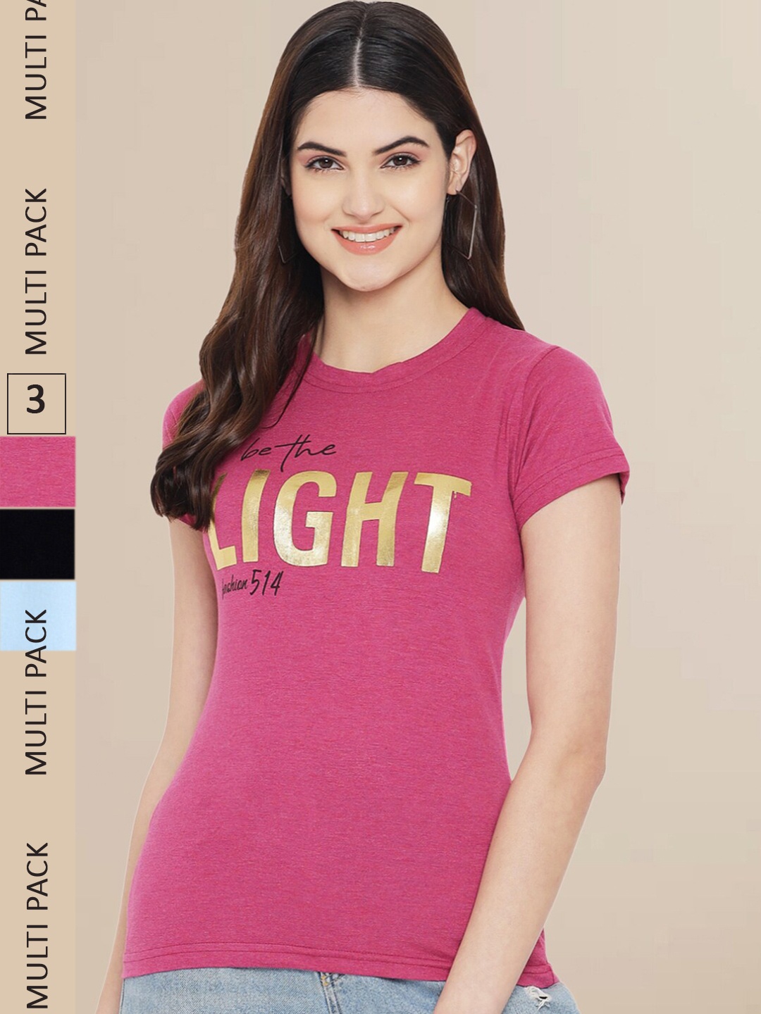 

Fabflee Women Black & Blue Pack of 3 Graphic Printed Cotton T-shirt