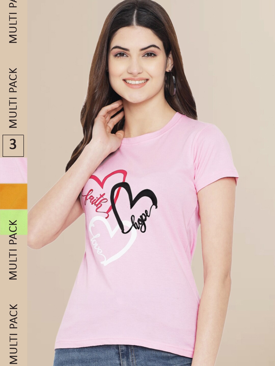 

Fabflee Women Pink & Mustard Yellow Pack of 3 Graphic Printed Cotton T-shirt