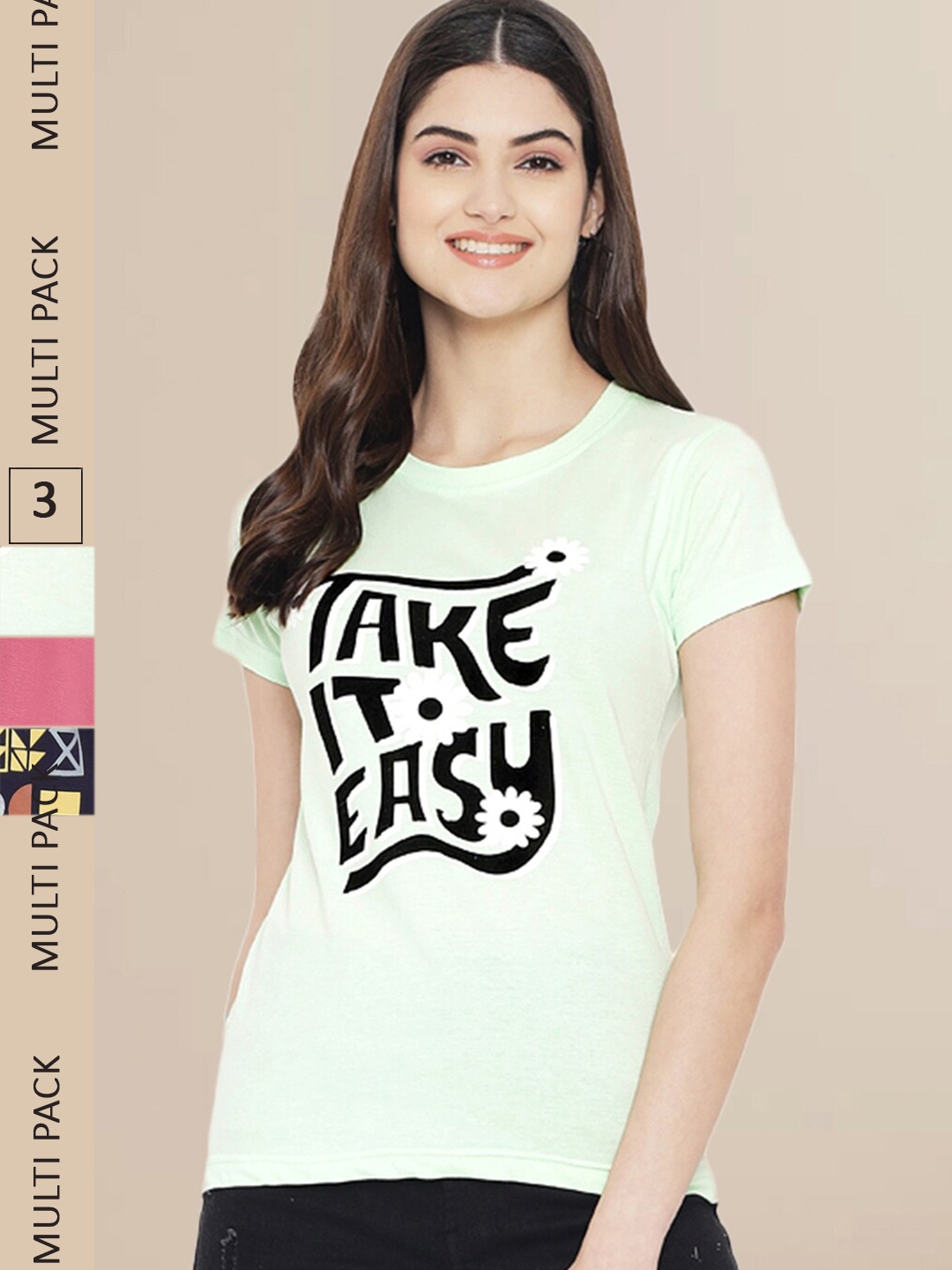 

Fabflee Women Navy Blue & Mauve Pack of 3 Graphic Printed Cotton T-shirt