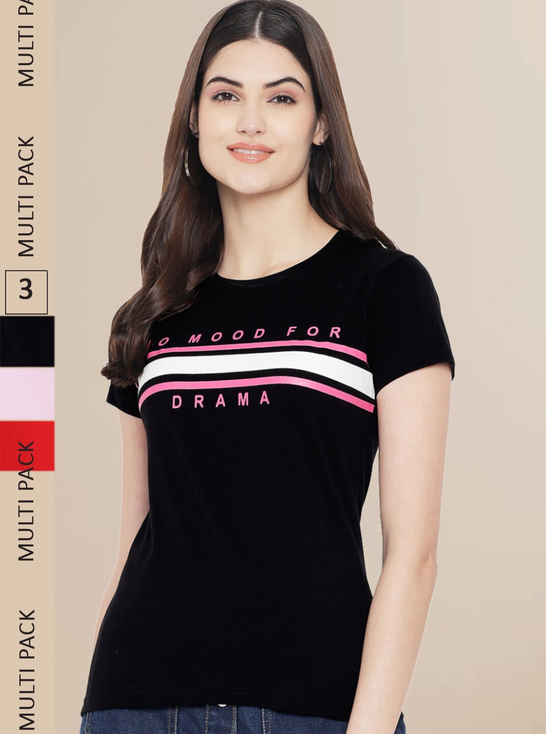 Fabflee Women Black & Pink Pack of 3 Graphic Printed Cotton T-shirt