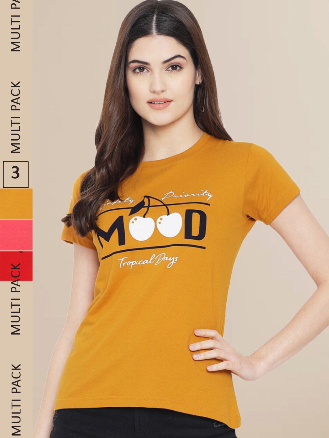 

Fabflee Women Mustard Yellow & Red Pack of 3 Graphic Printed Cotton T-shirt