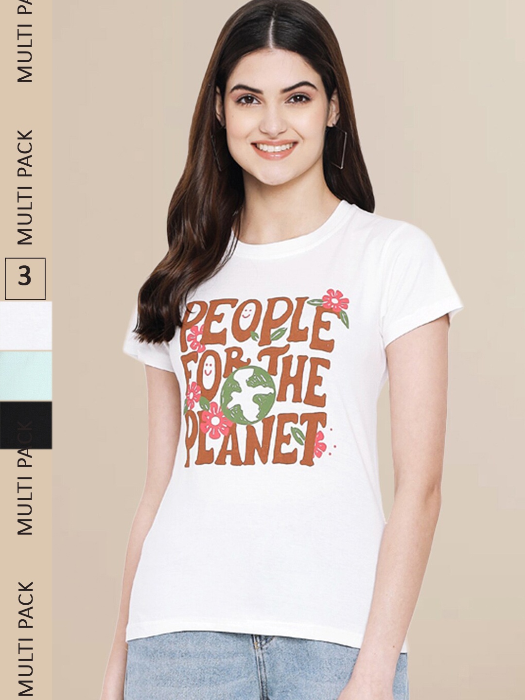 

Fabflee Women Black & White Pack of 3 Graphic Printed Cotton T-shirt