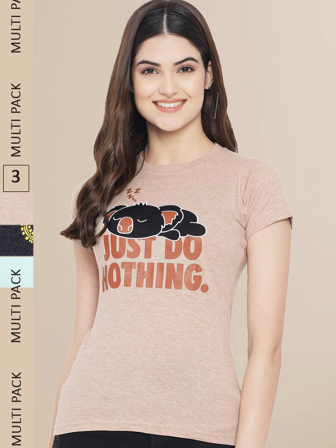 

Fabflee Women Charcoal & Beige Pack of 3 Graphic Printed Cotton T-shirt