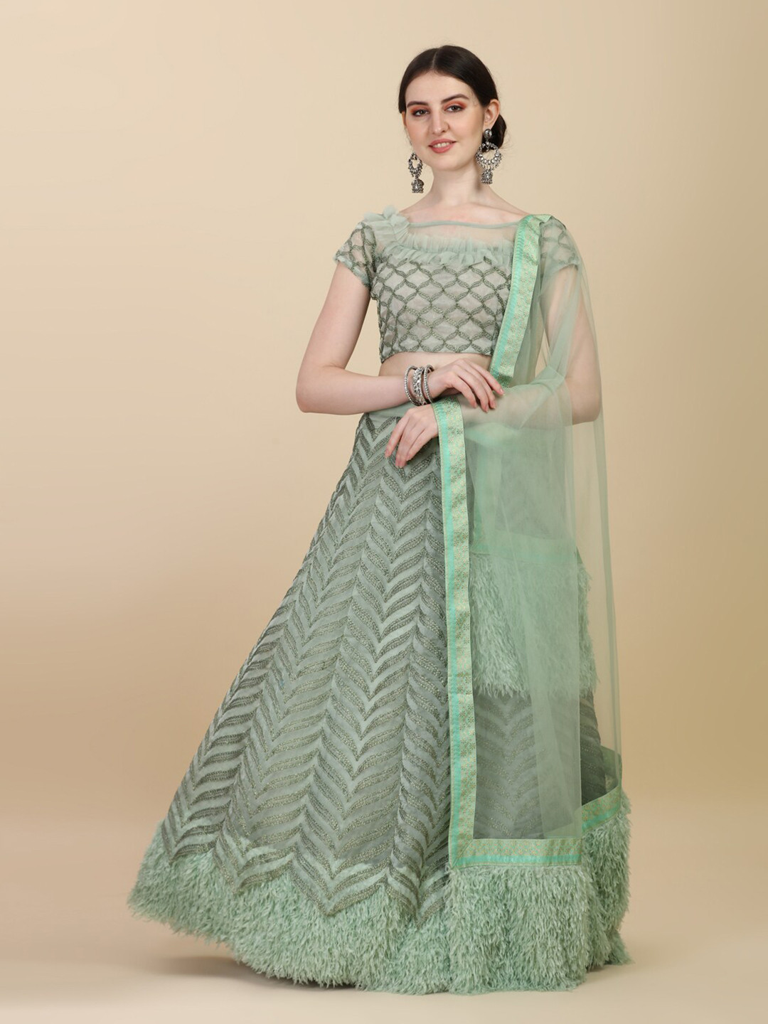 

Amrutam Fab Sea Green Embroidered Sequinned Semi-Stitched Lehenga Choli With Dupatta