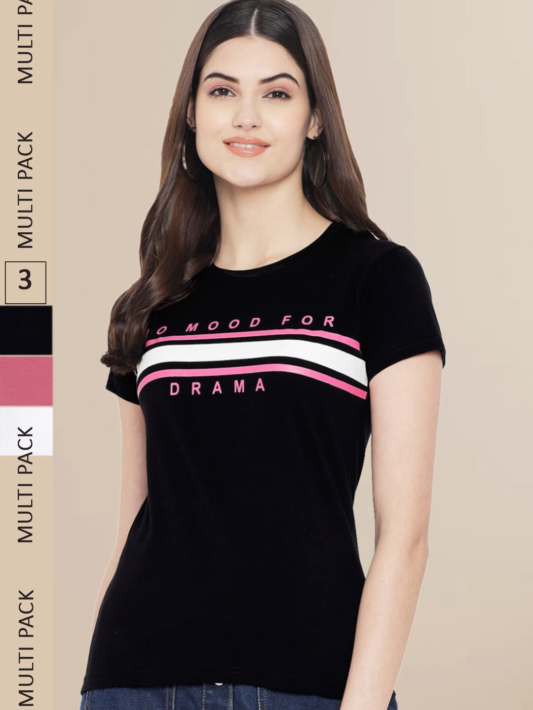 Fabflee Women Black & Mauve Pack of 3 Graphic Printed Cotton T-shirt