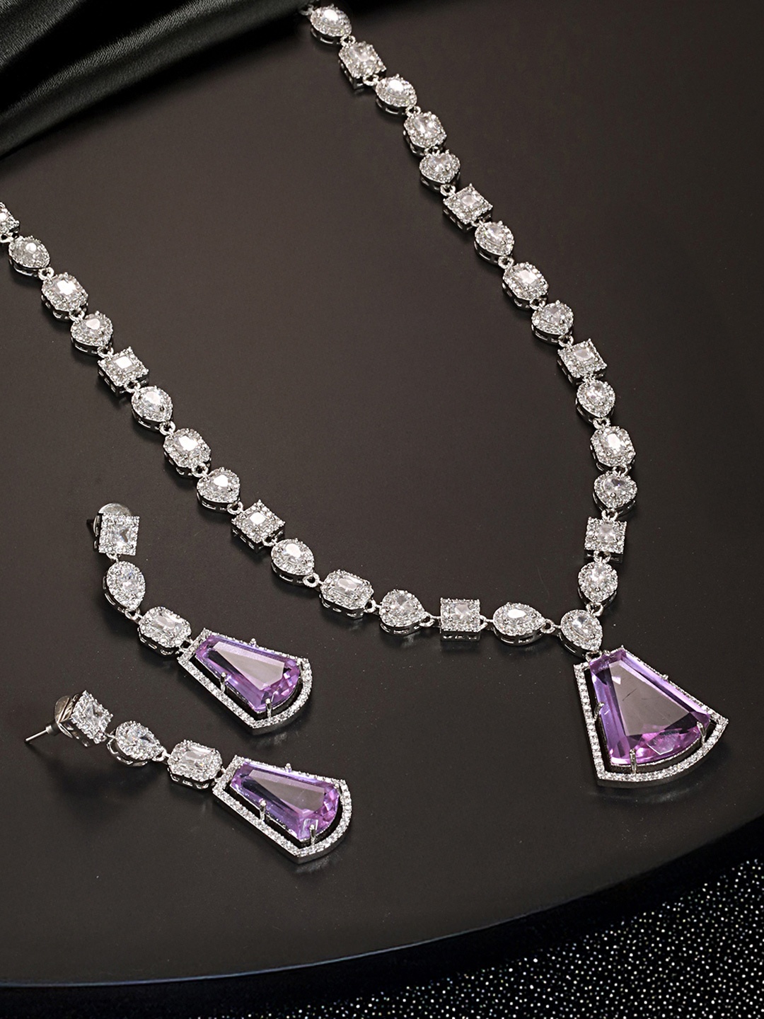 

Saraf RS Jewellery Rhodium-Plated Silver-Toned Lavender -Colored AD-Studded Jewellery Set