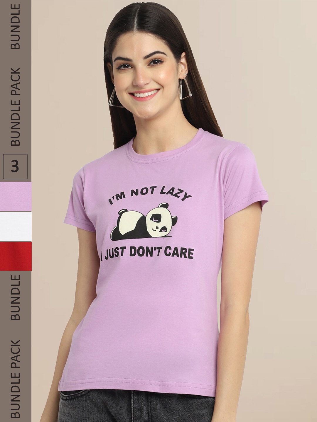 

Fabflee Women Pack Of 3 Typography Printed Cotton T-shirts, Lavender