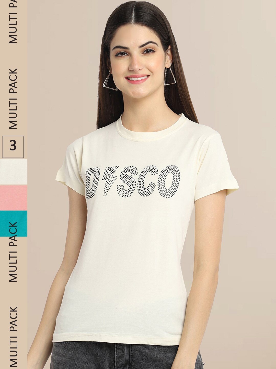 

Fabflee Women Pack of 3 Typography Printed Cotton T-shirt, Cream