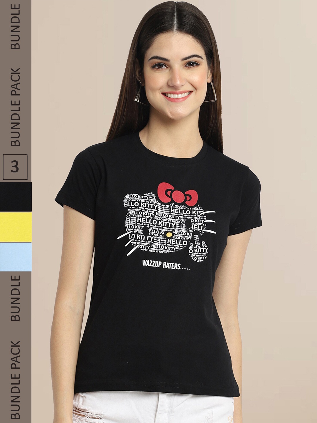

Fabflee Women Pack of 3 Printed Cotton T-shirt, Black