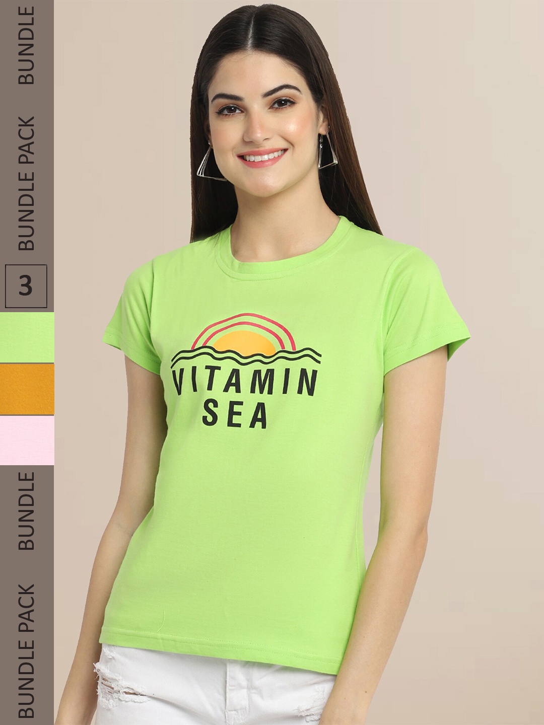 

Fabflee Pack Of 3 Women Typography Printed Cotton T-shirt, Lime green