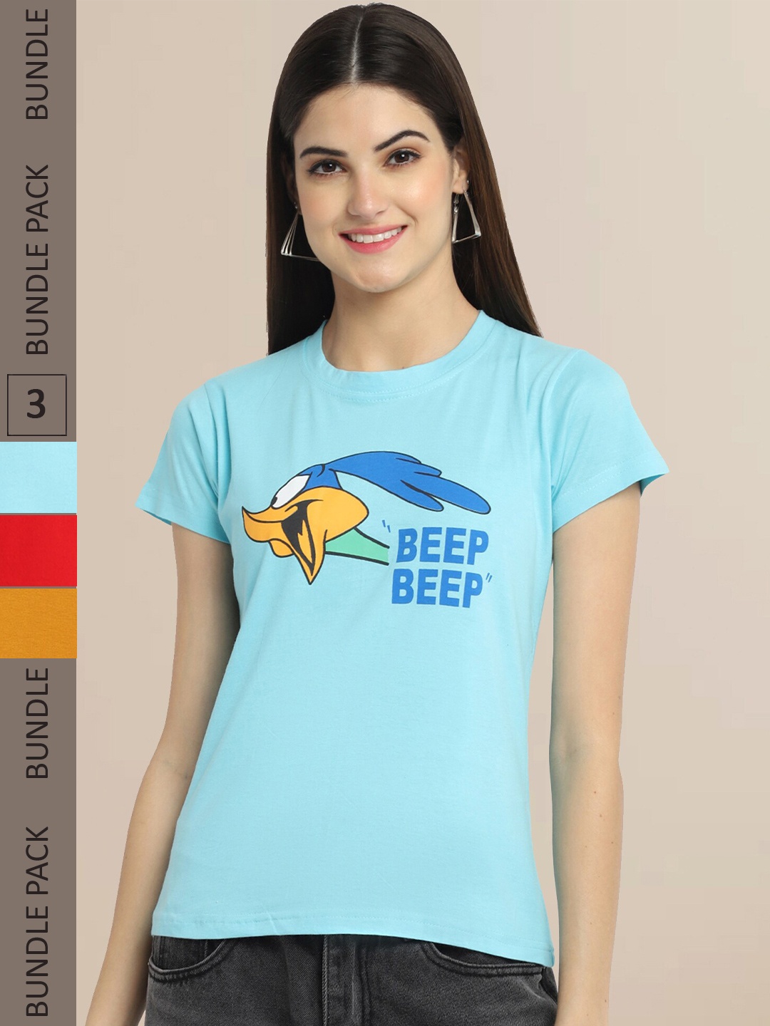 Fabflee Pack Of 3 Women Typography Printed Cotton T-shirt, Turquoise blue