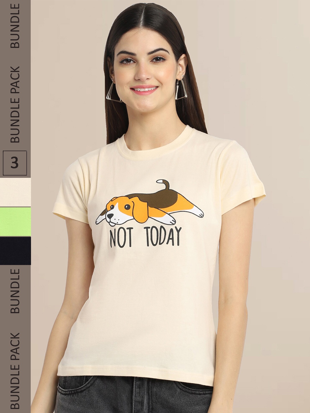 Fabflee Pack Of 3 Women Typography Printed Cotton T-shirt, Beige