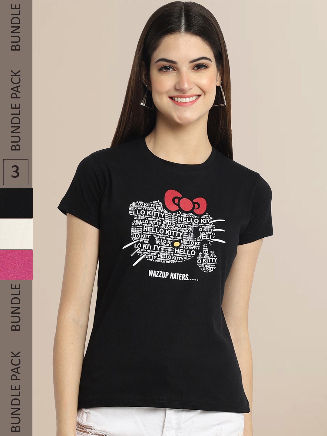 Fabflee Pack Of 3 Women Typography Printed Cotton T-shirt, Black