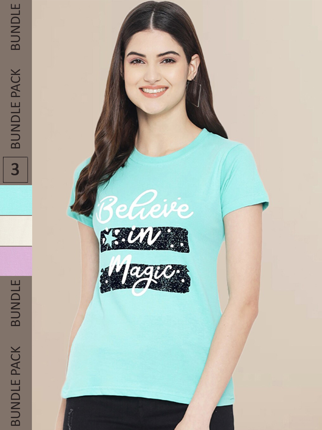 

Fabflee Pack Of 3 Women Typography Printed Cotton T-shirt, Turquoise blue