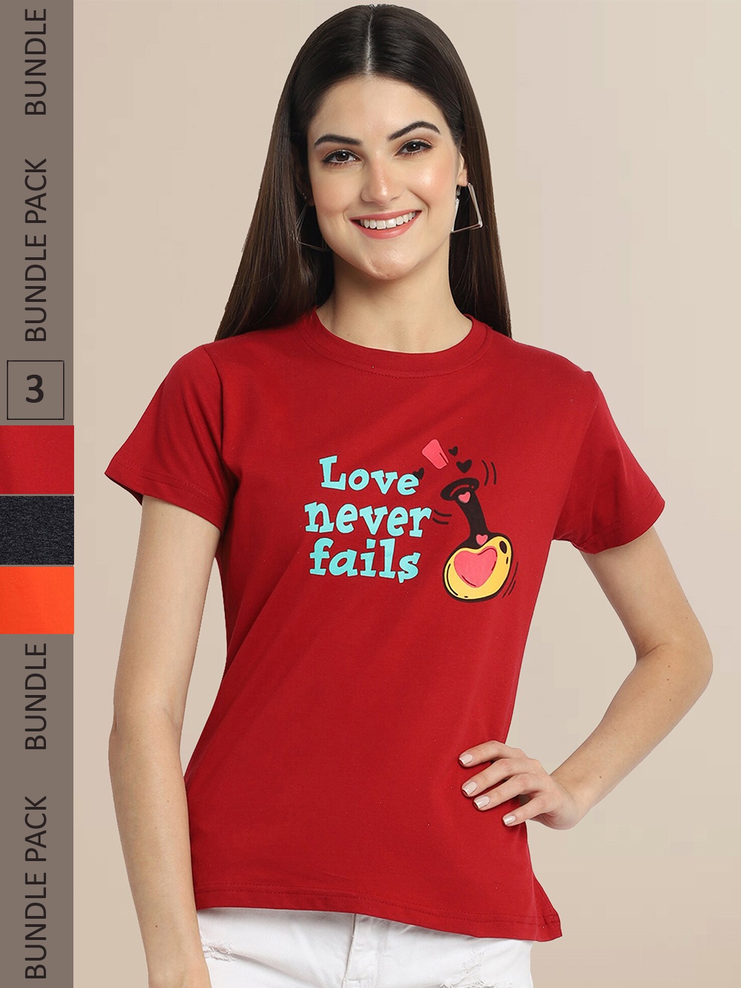 Fabflee Pack Of 3 Women Typography Printed Cotton T-shirt, Red