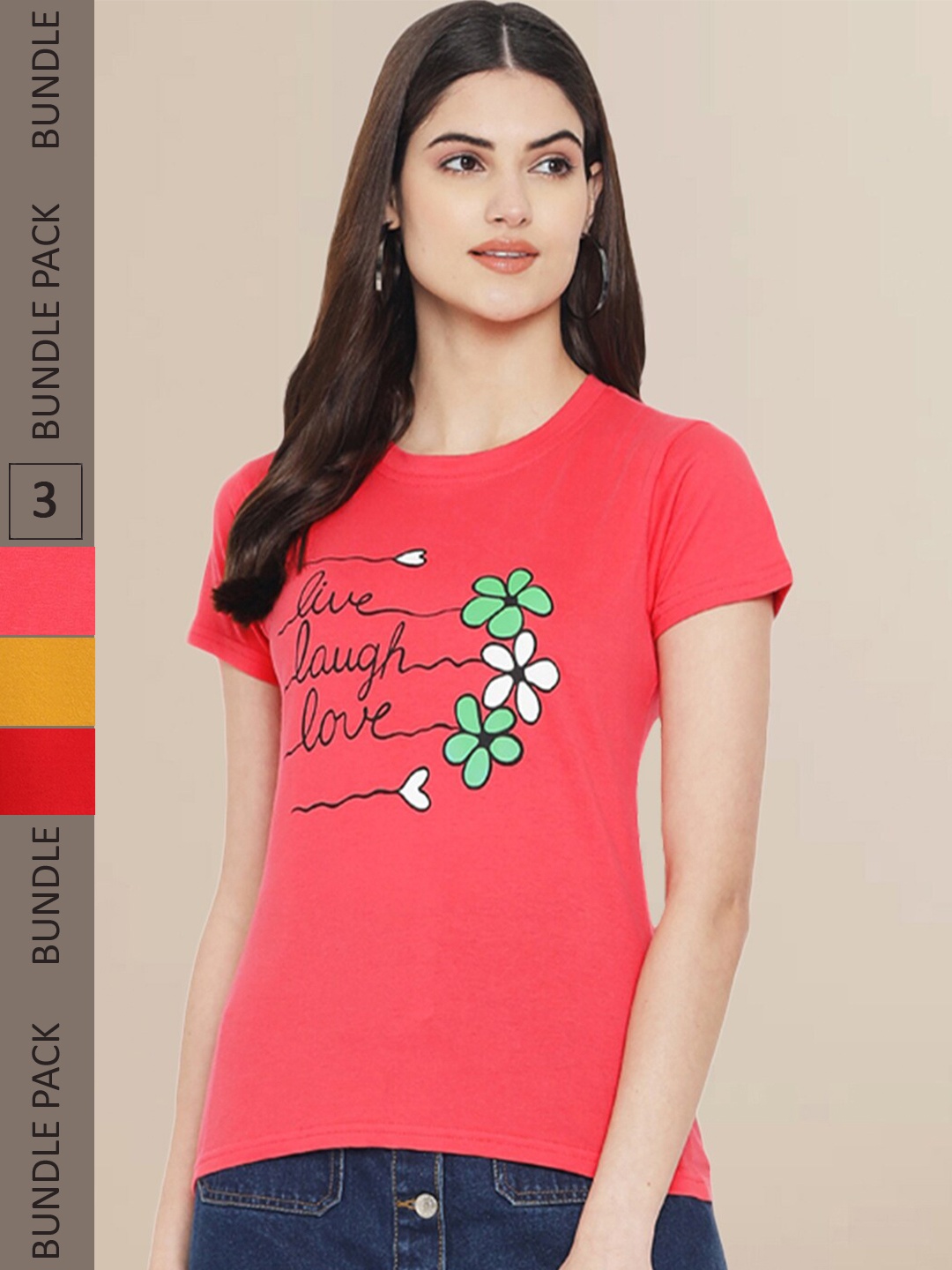 Fabflee Pack Of 3 Women Typography Printed Cotton T-shirt, Red