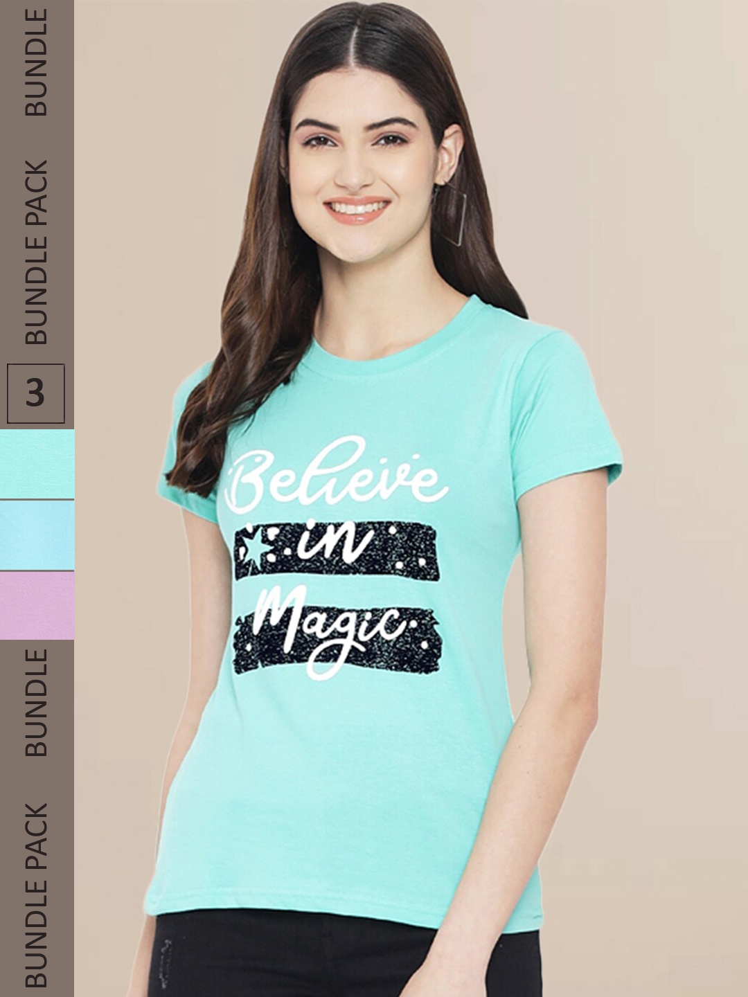 

Fabflee Pack Of 3 Women Typography Printed Cotton T-shirt, Turquoise blue