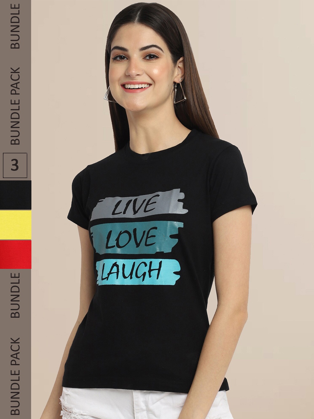 

Fabflee Pack Of 3 Women Typography Printed Cotton T-shirt, Black