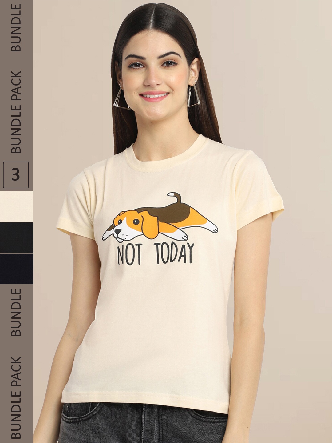 Fabflee Women Pack of 3 Printed Cotton T-shirt, Beige