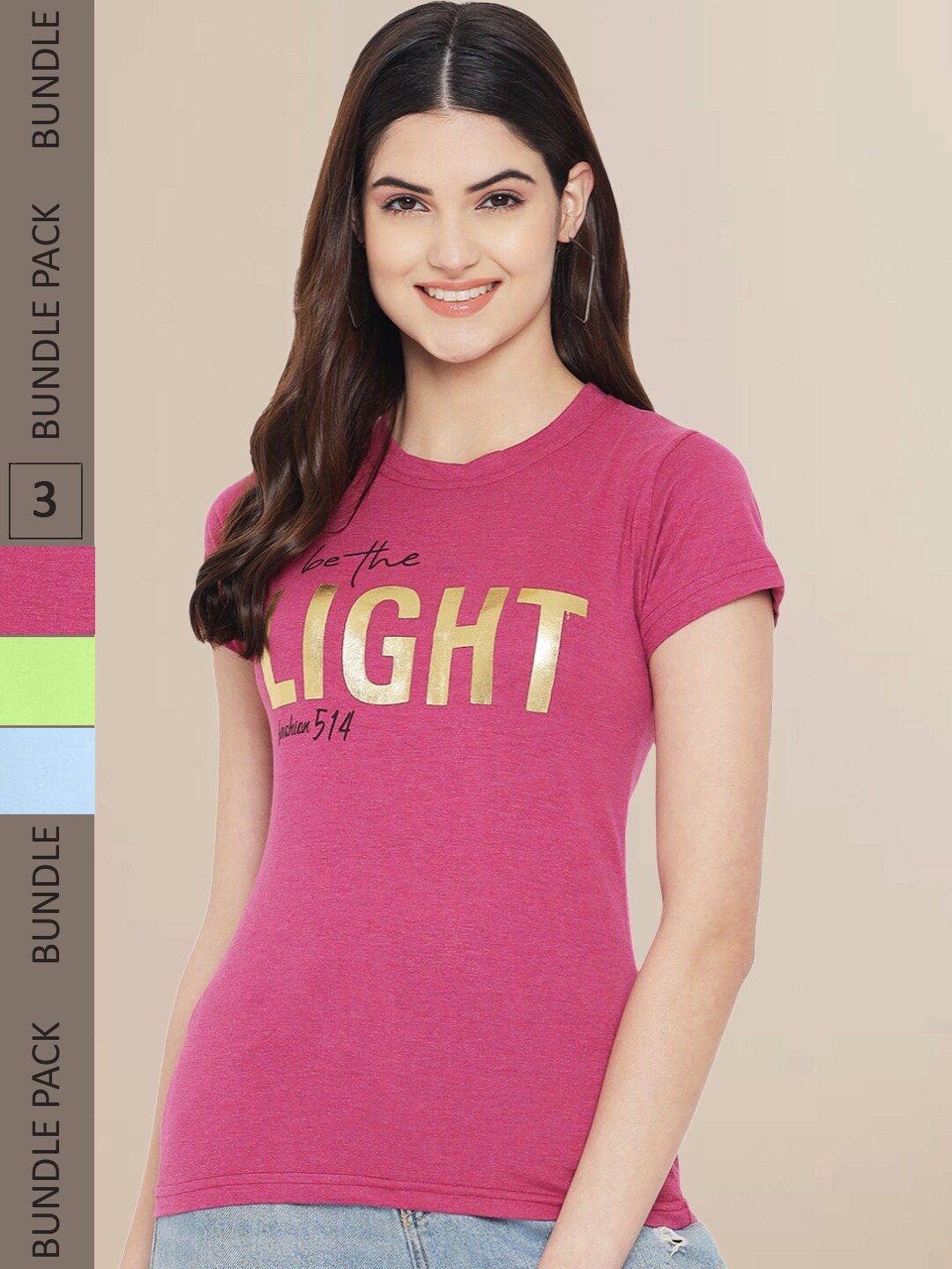 Fabflee Women Pack of 3 Typography Printed Cotton T-shirt, Pink