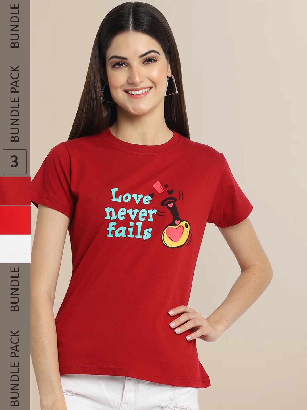 

Fabflee Women Pack of 3 Typography Printed Cotton T-shirt, Red