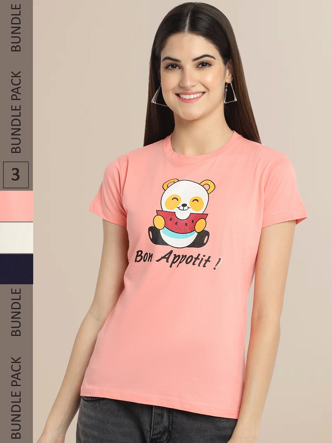 

Fabflee Women Pack of 3 Printed Cotton T-shirts, Peach