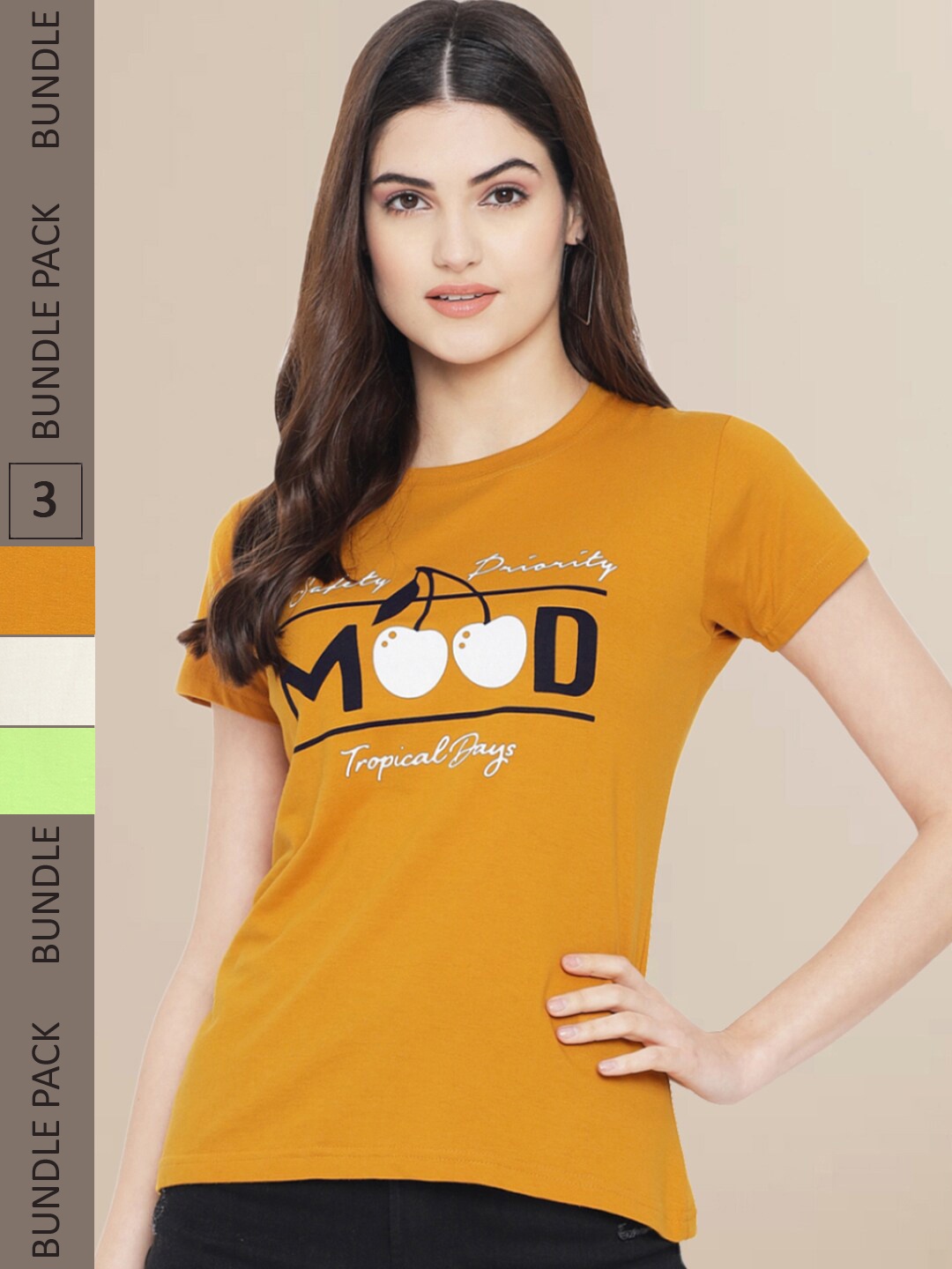 

Fabflee Women Pack of 3 Typography Printed Cotton T-shirts, Mustard