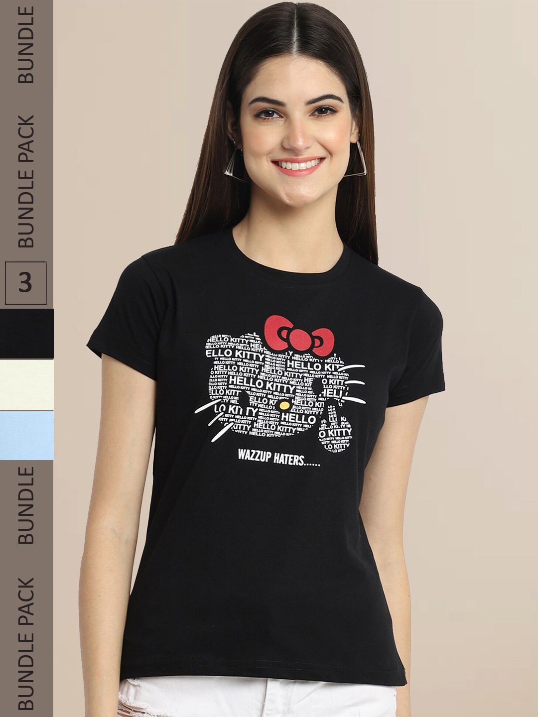 Fabflee Women Pack of 3 Printed Cotton T-shirts, Black