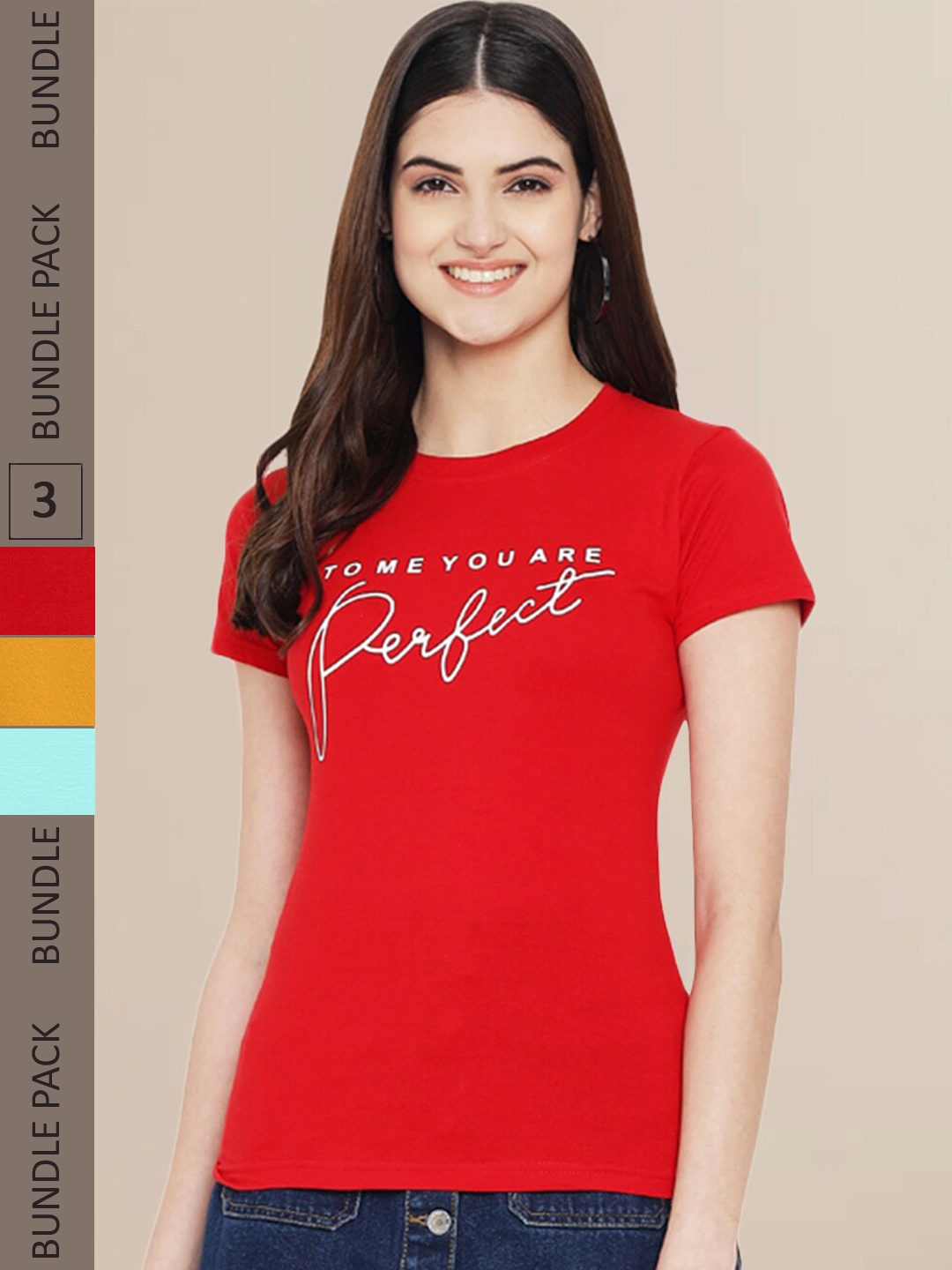 

Fabflee Women Pack of 3 Typography Printed Cotton T-shirts, Red